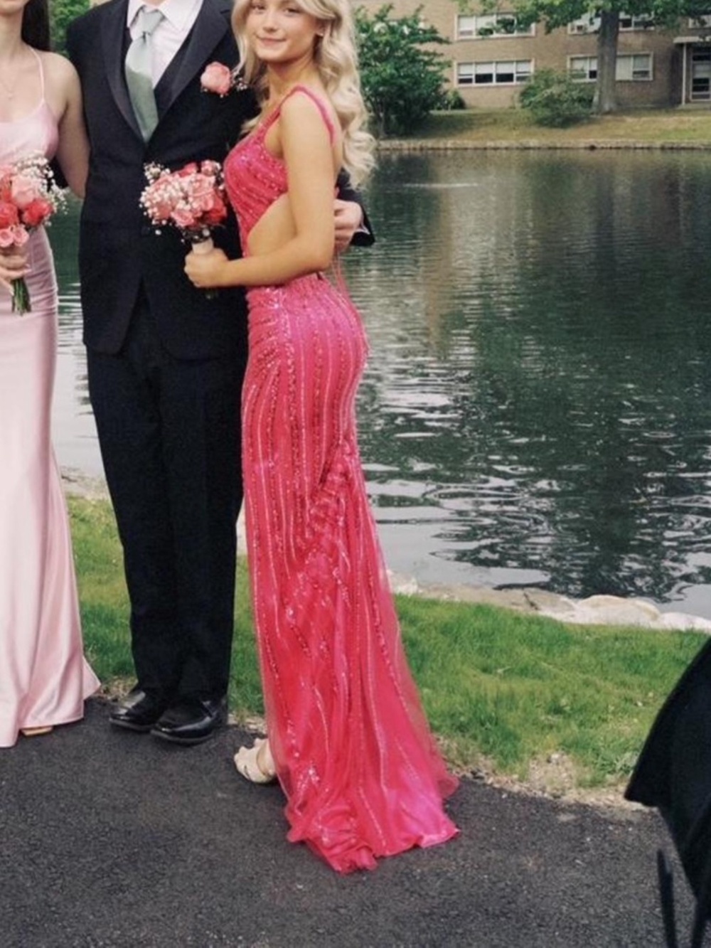 Faviana Pink Prom Dress with open back and sequins
